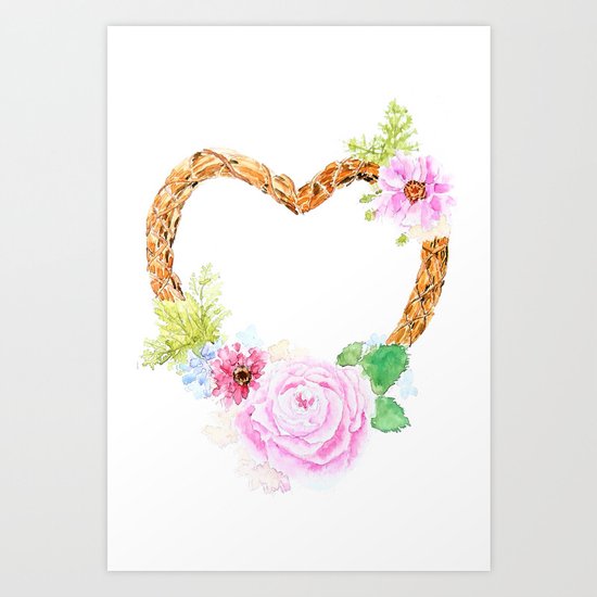 flower heart pink rose and daisy watercolor Art Print