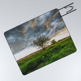 Stormy Day on the Plains - Tree Under Stormy Sky on Spring Day on the Plains of Kansas Picnic Blanket
