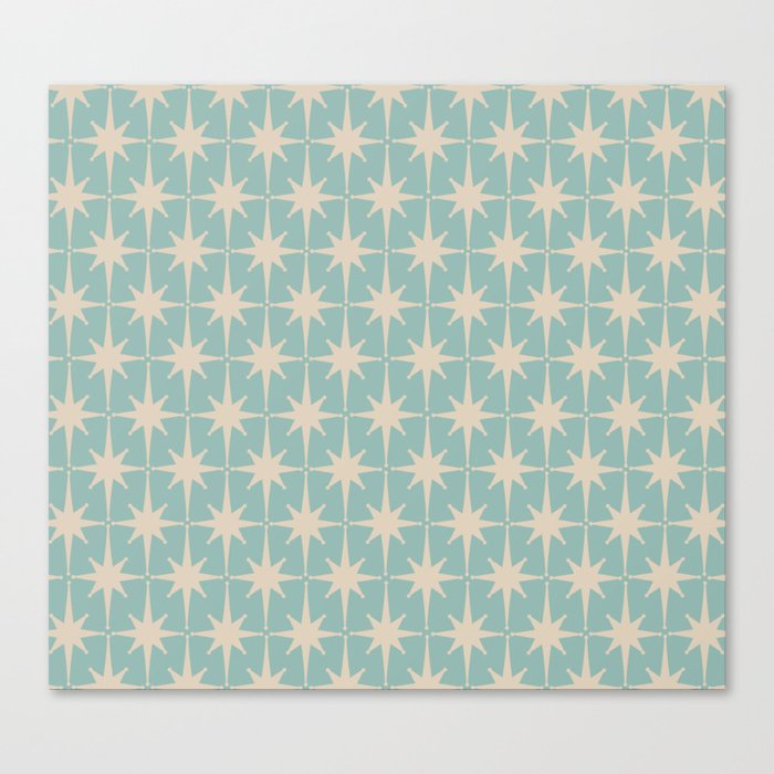 Midcentury Modern Atomic Starburst Pattern in Pale Retro Teal and Ecru Canvas Print
