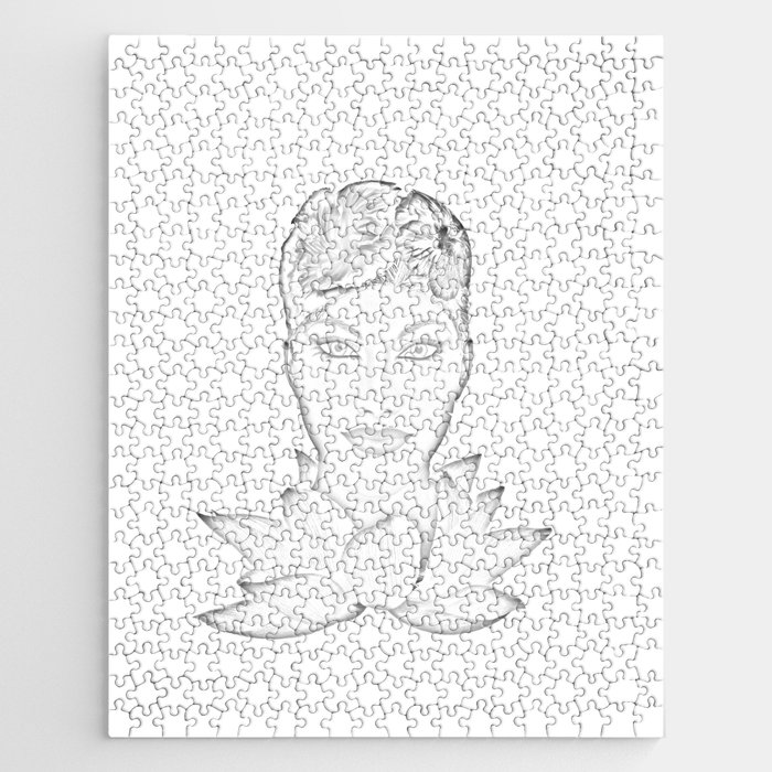 Woman with lotus flower black & white Jigsaw Puzzle