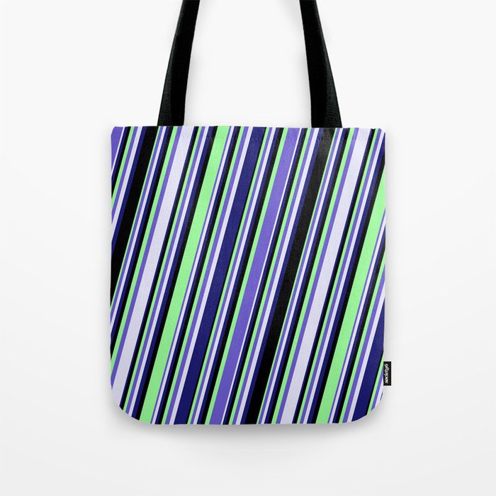 Slate Blue, Lavender, Midnight Blue, Black & Green Colored Lines/Stripes Pattern Tote Bag