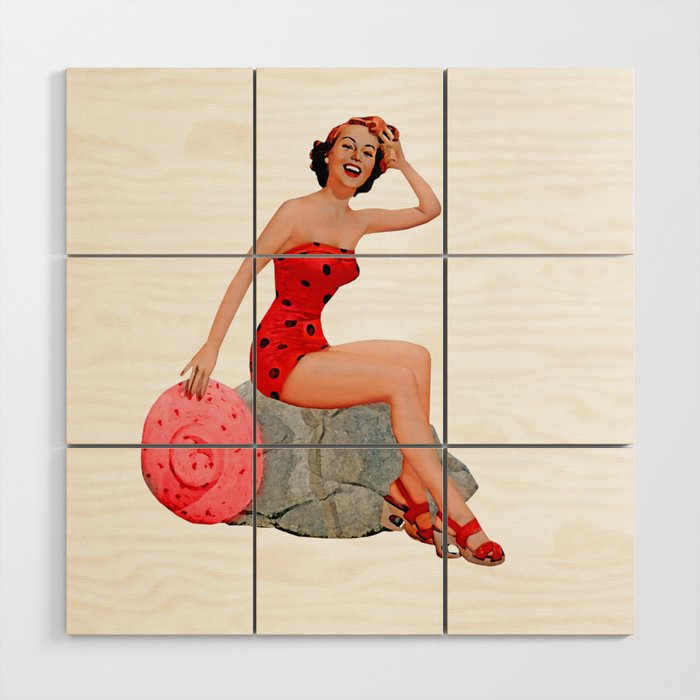 Sexy Brunette Pinup Girl in Red Skirt On The Rock Wood Wall Art