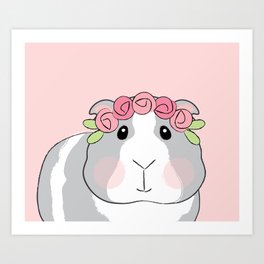 Adorable Grey Guinea Pig with Pink Rosebuds Art Print