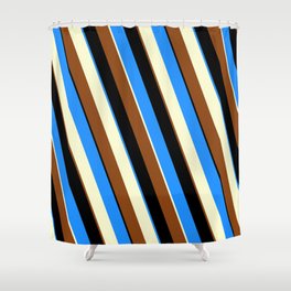 [ Thumbnail: Blue, Light Yellow, Brown & Black Colored Lines Pattern Shower Curtain ]