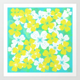 70’s Desert Flowers Yellow on Turquoise Art Print