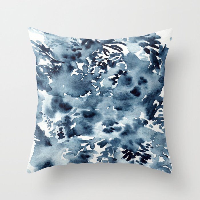 Abstract Monochromatic Watercolor Painting Indigo Blue Throw Pillow