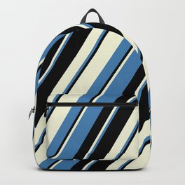 [ Thumbnail: Beige, Blue & Black Colored Pattern of Stripes Backpack ]