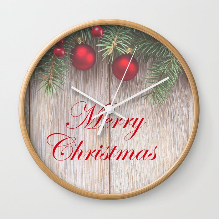 Merry Christmas Garland, Berries & Ornaments on Weathered Wood Wall Clock