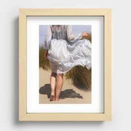 Lady in a blue dress wandering through the dunes | fashion Recessed Framed Print