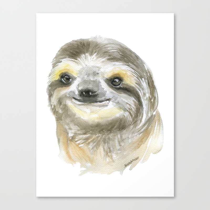 Sloth Face Watercolor Painting Animal Art Canvas Print By