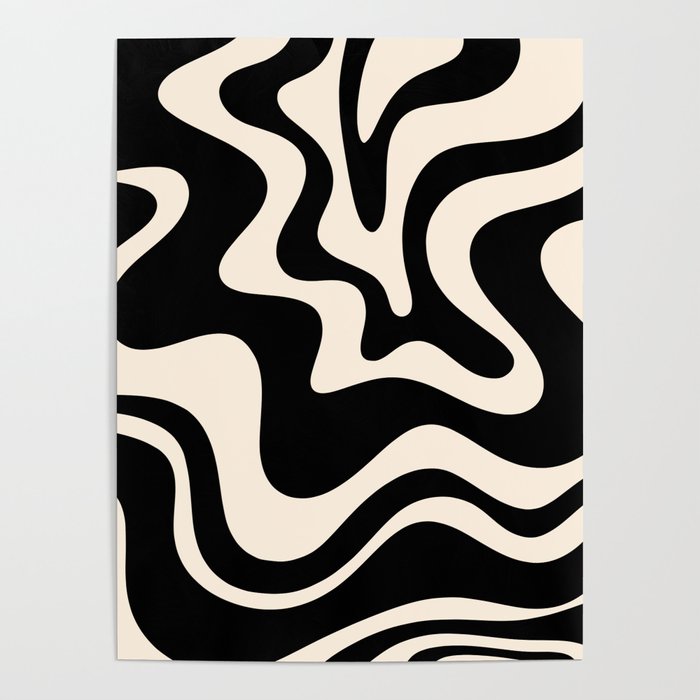 Retro Liquid Swirl Abstract Pattern 3 in Black and Almond Cream Poster