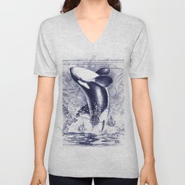 Breaching Orca Killer Whale Watercolor Ancient Blue V Neck T Shirt