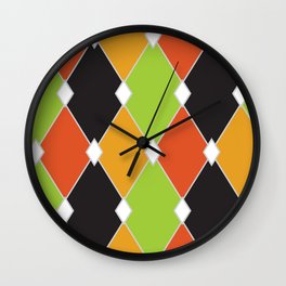 Orange, green and black jester diamonds Wall Clock