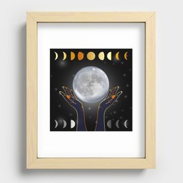 Hands holding the full moon on a starry background with moon phases Recessed Framed Print