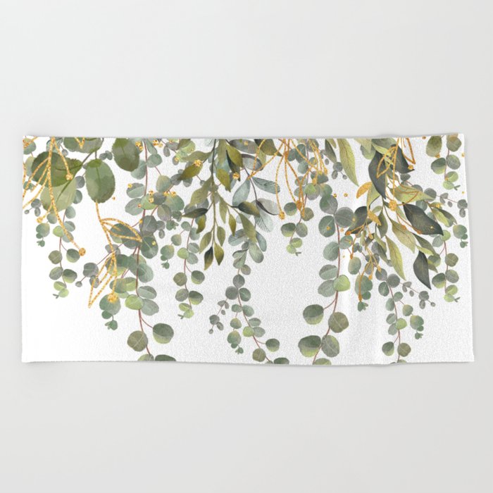 Green And Gold Decorative Eucalyptus Leaves  Beach Towel