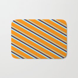 [ Thumbnail: Midnight Blue, Turquoise, and Dark Orange Colored Lines/Stripes Pattern Bath Mat ]