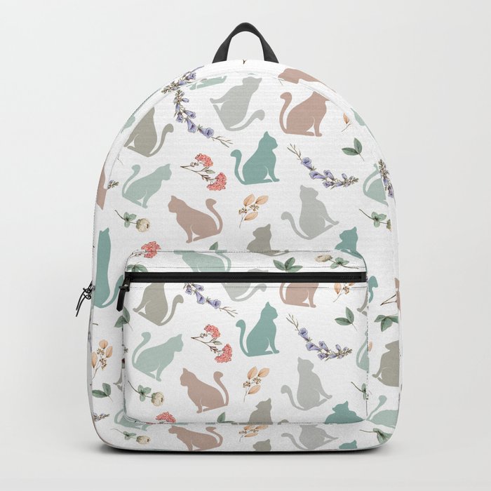 Sitting Cat with Flowers in White Backpack