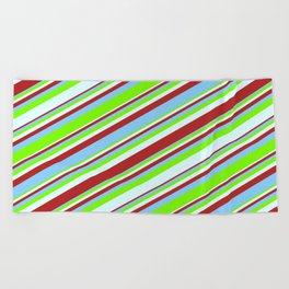 [ Thumbnail: Red, Light Sky Blue, Green, and Light Cyan Colored Striped/Lined Pattern Beach Towel ]