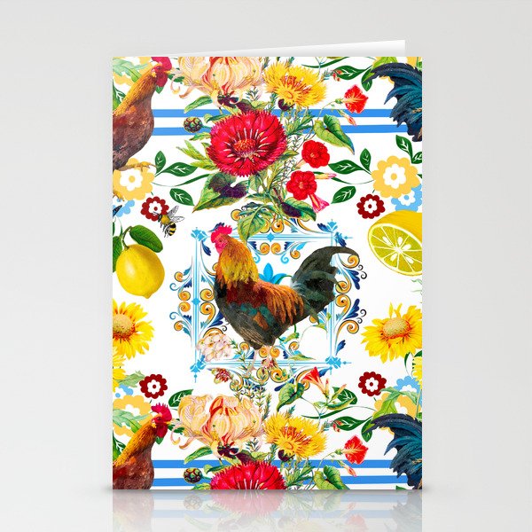 Rooster,farm,birds ,citrus,lemons,folklore pattern  Stationery Cards