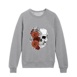 Skulls + Flowers Horror Gothic Orange White Black Kids Crewneck