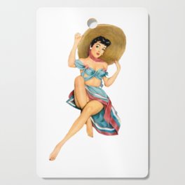 Sexy Brunette Pin Up With Straw Hat Red And Blue Vintage Dress Cutting Board