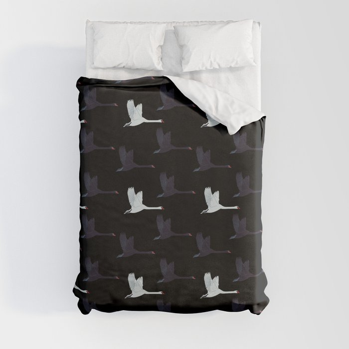 Flying Elegant Swan Pattern on Black Background Duvet Cover