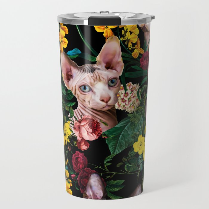 Floral and Sfenks Cat Pattern Travel Mug