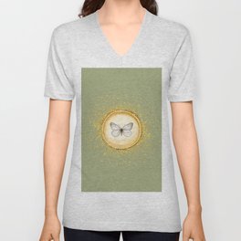 Hand-Drawn Butterfly Gold Circle Pendant on Sage Green V Neck T Shirt