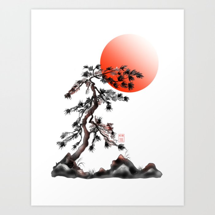 Red rising sun with sumie fir trees Art Print