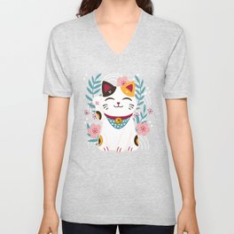 Japanese Lucky Cat with Cherry Blossoms V Neck T Shirt