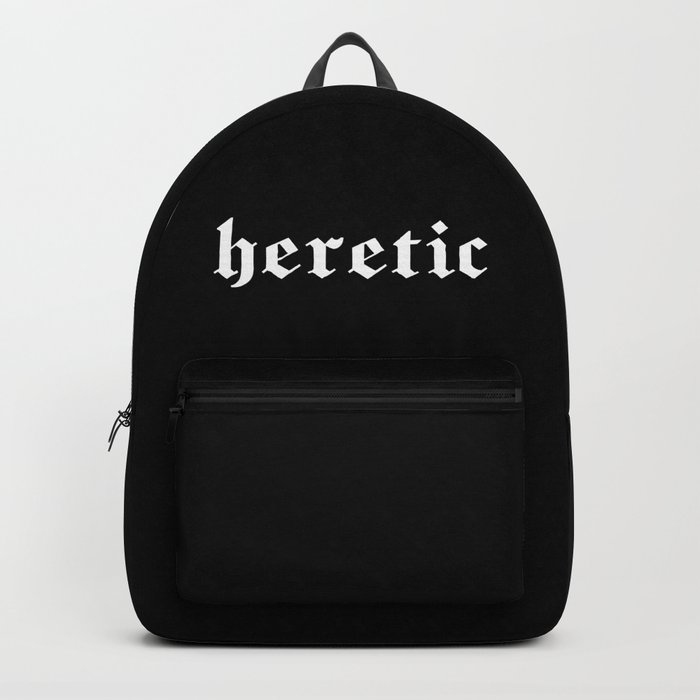 "heretic" in white gothic letters - blackletter style Backpack