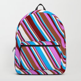 [ Thumbnail: Colorful Deep Sky Blue, Maroon, Violet, Sienna & White Colored Striped/Lined Pattern Backpack ]