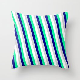 [ Thumbnail: White, Green, Dark Blue & Light Grey Colored Lines Pattern Throw Pillow ]