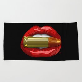 Biting The Bullet Red Lips on Black Beach Towel | Red, Gold, Cartoon, Copper, Bite, Graphicdesign, 3D, Mouth, Shiny, Teeth 