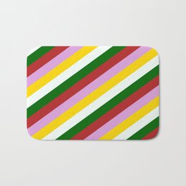 [ Thumbnail: Colorful Dark Green, Red, Plum, Yellow, and Mint Cream Colored Lined Pattern Bath Mat ]