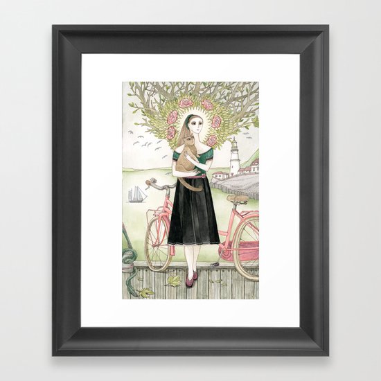 Girl and cat with pink bicycle Framed Art Print