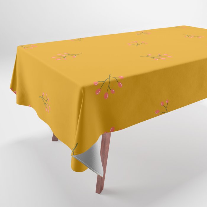 Branches With Red Berries Seamless Pattern on Mustard Background Tablecloth
