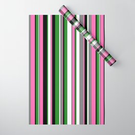 [ Thumbnail: Eyecatching Black, Hot Pink, Gray, White, and Forest Green Colored Stripes/Lines Pattern Wrapping Paper ]