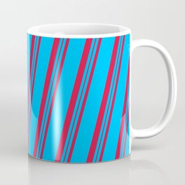 [ Thumbnail: Deep Sky Blue and Crimson Colored Lines/Stripes Pattern Coffee Mug ]