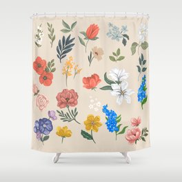 A set of blossom flowers and leaves. Hand drawn vintage illustrations Shower Curtain