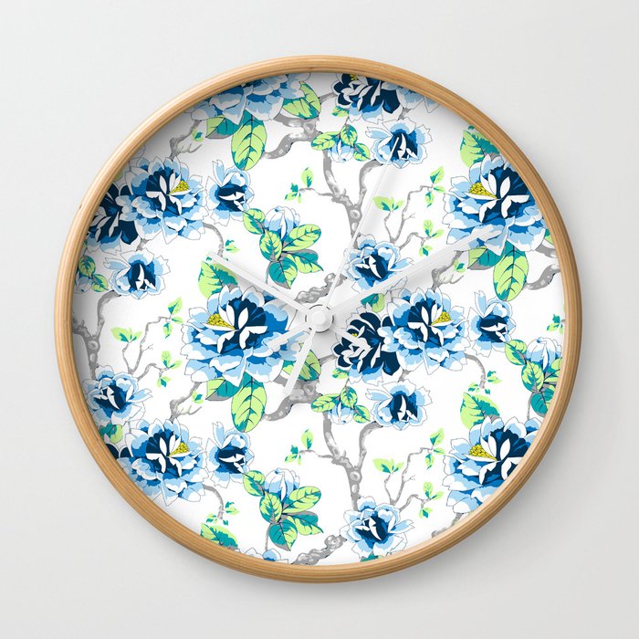 Chinoiserie Ming Style Blue Fl On White Pattern Spring Flowers Chinoiserie Ming Style Blue Fl On White Pattern Spring Flowers Shabby Chic Wall Clock