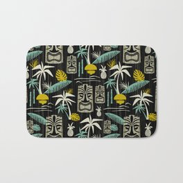 Island Tiki - Black Bath Mat | Graphicdesign, Retro, Tikipattern, Tropicalprint, Palmtree, Vector, Curated, Tropical, Hawaiian, Pattern 