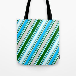 [ Thumbnail: Deep Sky Blue, Light Cyan, Dark Green & Light Gray Colored Lines Pattern Tote Bag ]