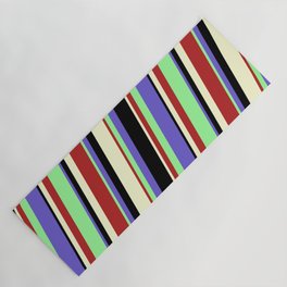 [ Thumbnail: Green, Slate Blue, Black, Light Yellow, and Red Colored Stripes Pattern Yoga Mat ]