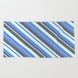 [ Thumbnail: Cornflower Blue, Dim Gray, and Light Cyan Colored Striped Pattern Beach Towel ]