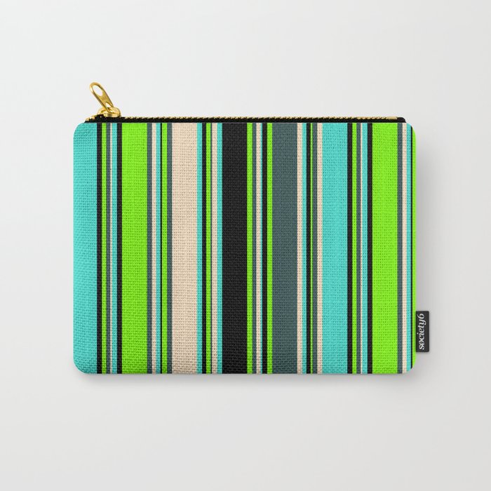 Eyecatching Green, Dark Slate Gray, Bisque, Turquoise, and Black Colored Lined Pattern Carry-All Pouch