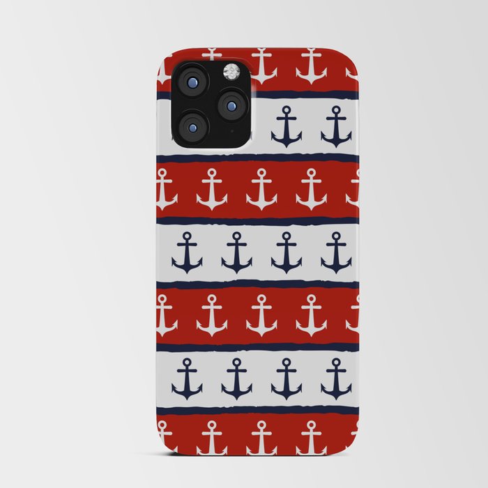 Navy Blue White Maroon Red Nautical Anchor Stripes iPhone Card Case