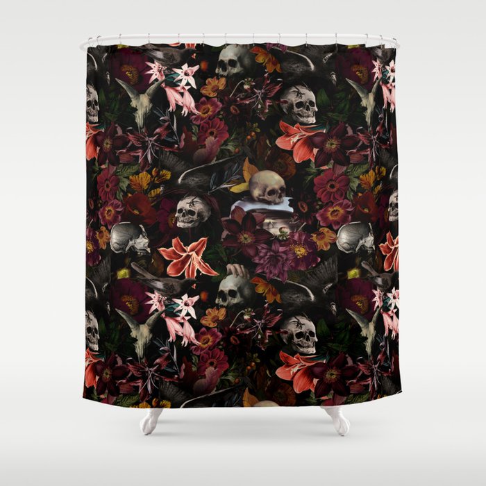 Gothic Night Skulls Flower Botanical Midnight Garden Shower Curtain