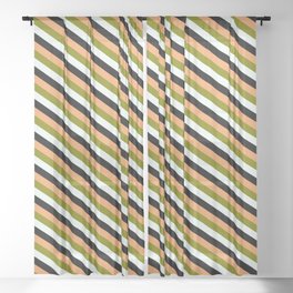[ Thumbnail: Brown, Green, Mint Cream & Black Colored Lined/Striped Pattern Sheer Curtain ]