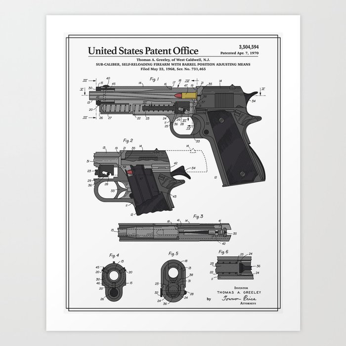 Colt 1911 Handgun Patent Art Print